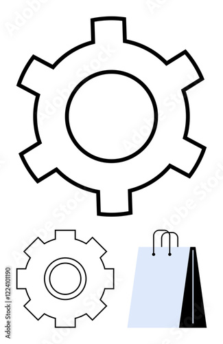 Gear outline and shopping bag represent teamwork, automation, development, ecommerce, retail, innovation, and operations management. Ideal for business, marketing consumer goods product design