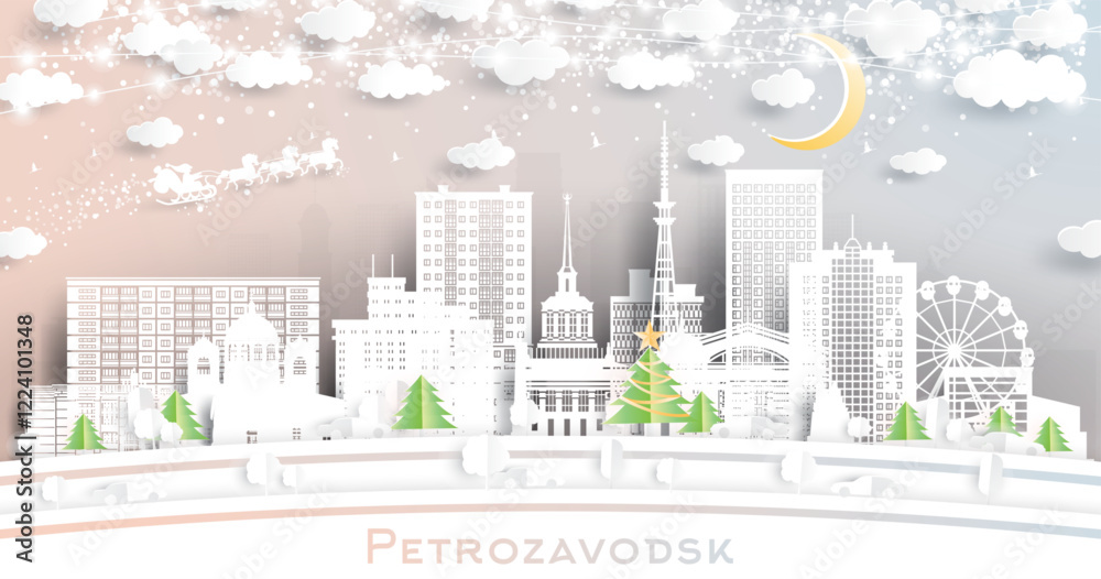 Fototapeta premium Petrozavodsk Russia. Winter city skyline in paper cut style with snowflakes, moon and neon garland. Christmas and new year concept. Santa Claus on sleigh. Petrozavodsk cityscape with landmarks.