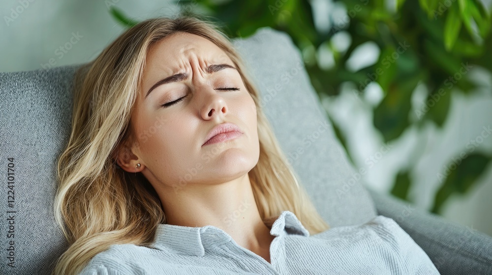 Woman relaxing in armchair, eyes closed, indoor plants in background; for mental health, wellbeing content Woman relaxing in armchair, eyes closed, indoor plants in background; for mental health, wellbeing content