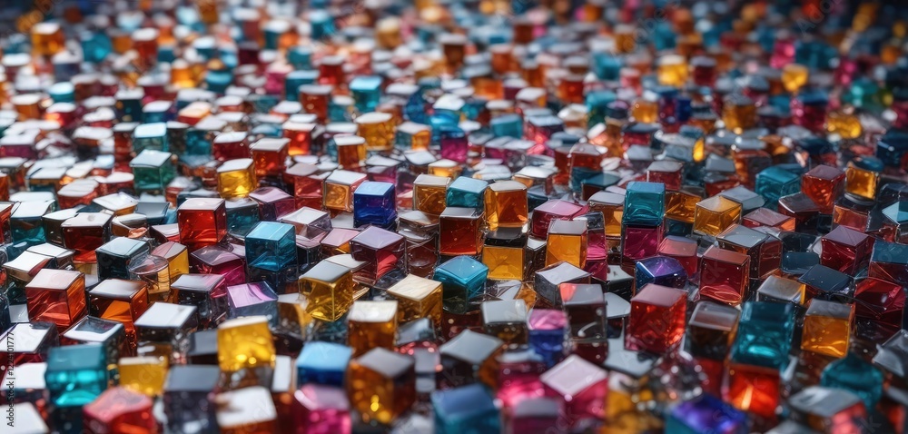 Fototapeta premium Abstract background of colorful glass cubes scattered on a flat surface, abstract background, decorative objects, colorful accents