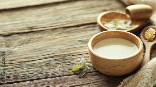Natural cream in ceramic bowls on wooden surface. Organic cosmetics and skincare product