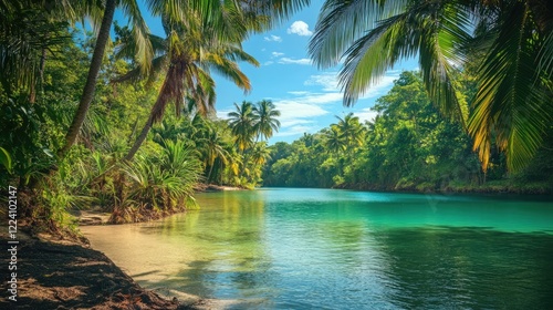 Tranquil Escape: Lush Beach Lagoon Amidst Tropical Foliage