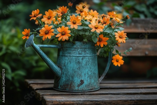 Rustic Charm: Vintage Watering Can Overflowing with Fresh Blooms in a Lush Garden Setting