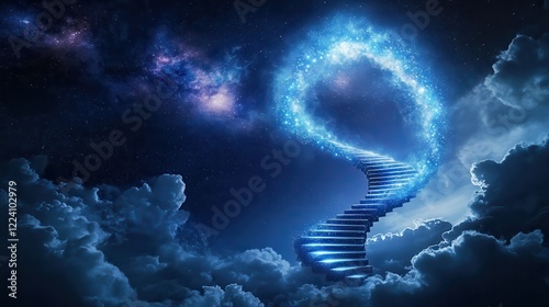 Stairway to the Cosmos: An artistic interpretation depicts a stairway ascending through swirling nebulas and clouds, symbolizing a journey into the unknown or a pathway to higher consciousness.