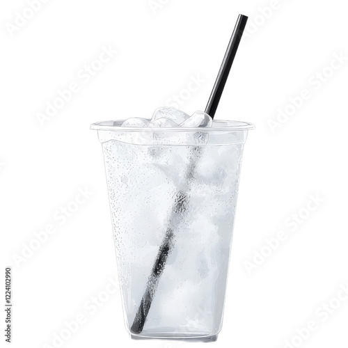 A plastic cup filled with ice and water with a straw in it