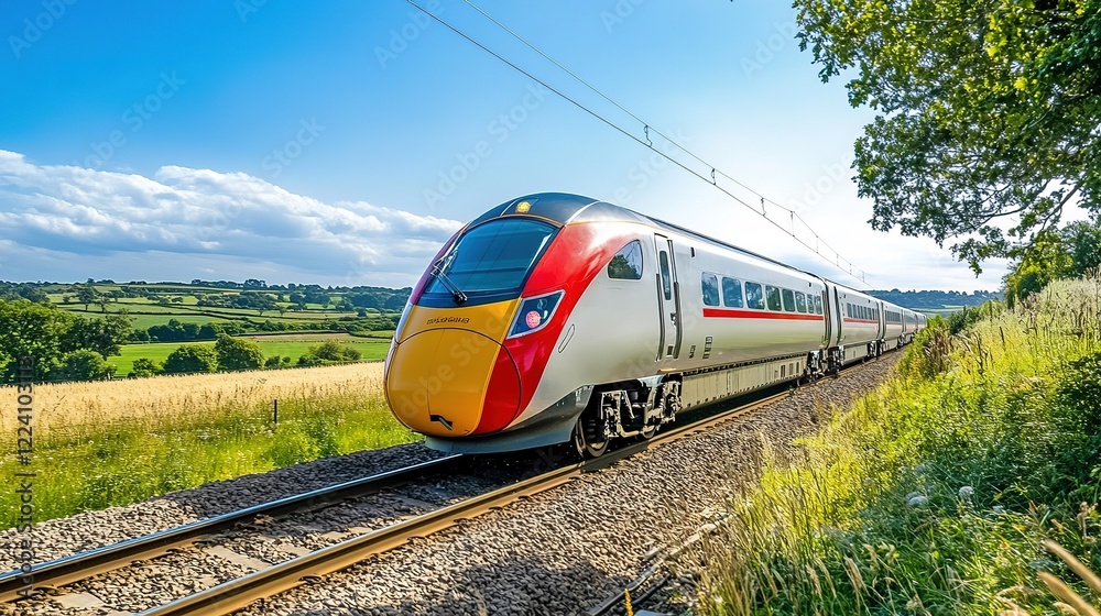 Fototapeta premium Wide-Angle View of a Sunny Day: Ultra-Fast Modern Train Speeds Through Picturesque Countryside, Symbolizing Progress and Efficiency with Its Sleek Design and Powerful Engine.