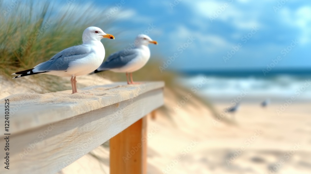 Two Seagulls Perched on a Wooden Barrier Overlooking the Sandy Beach and Ocean Waves Two Seagulls Perched on a Wooden Barrier Overlooking the Sandy Beach and Ocean Waves