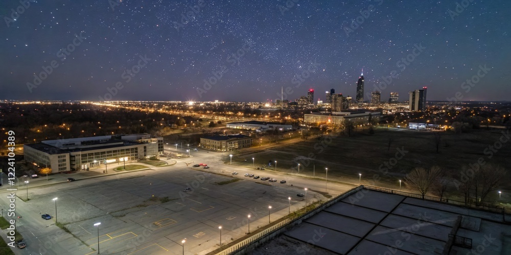 Fototapeta premium Aerial view of a city at night with stars shining in the sky, cityscape, city lights reflected on water, astronomy, twinkling lights