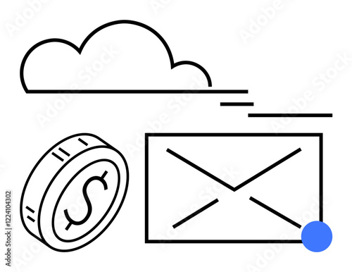 Envelope with notification dot, cloud, coin with dollar symbol in minimalist black lines. Ideal for email, notifications, cloud storage, finance, payments, communication abstract line flat metaphor