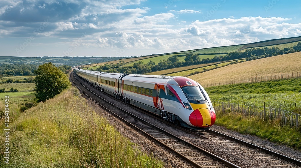 Fototapeta premium Wide-Angle View of a Sunny Day: Ultra-Fast Modern Train Speeds Through Picturesque Countryside, Symbolizing Progress and Efficiency with Its Sleek Design and Powerful Engine.