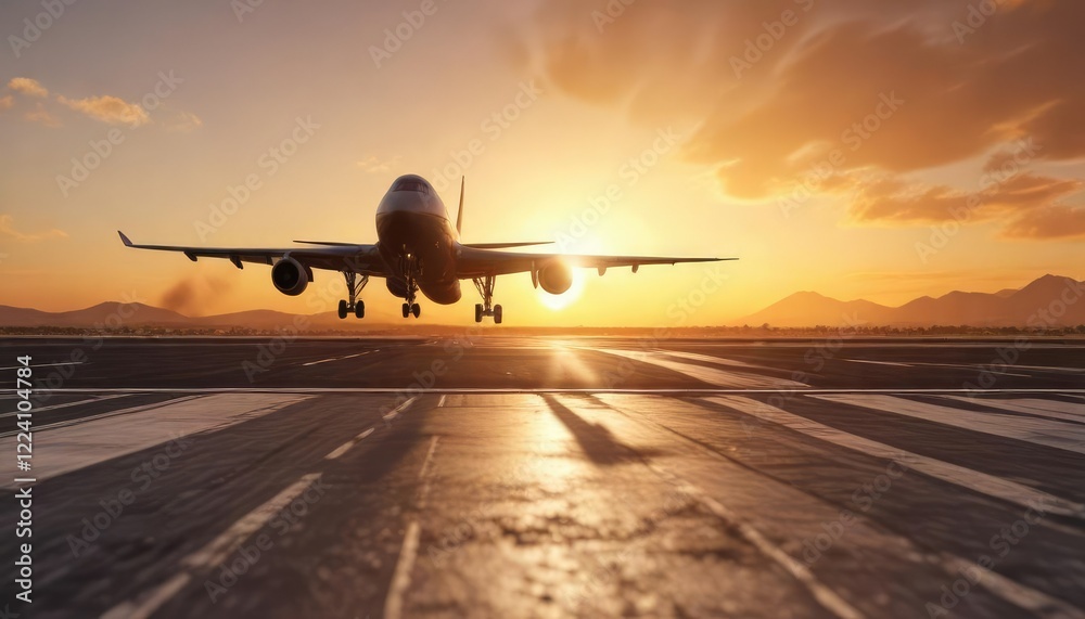 Fototapeta premium airplane taking off from a runway with a bright orange sun behind it, sky, departure, runway