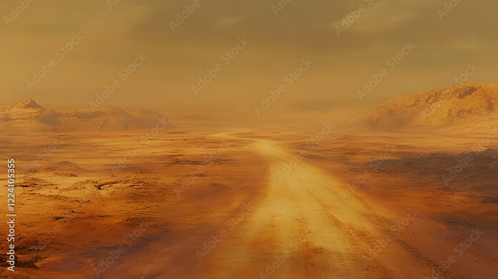 Naklejka premium Sunset over desert landscape, warm tones illuminating vast terrain, highlighting tranquility and solitude, open space for text