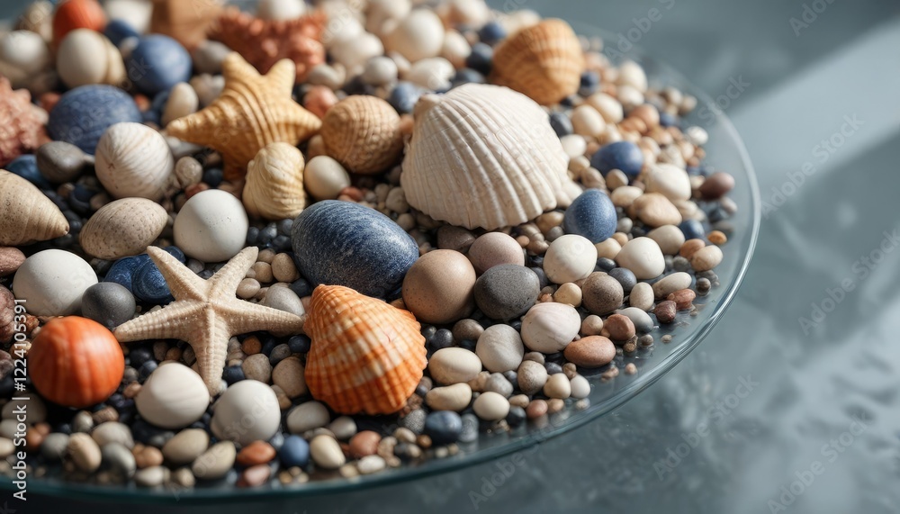 Obraz premium An artistic arrangement of seashells and pebbles on a glass table , pebbles, interior