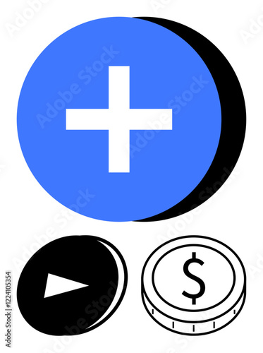 Circular blue plus icon, black play button, and dollar coin highlighting growth, action, and money. Ideal for business, finance, savings, investments startups progress abstract line flat metaphor