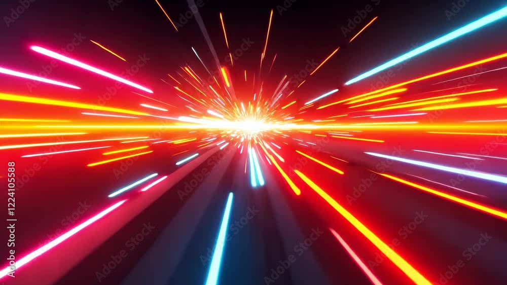 Dynamic burst of neon light trails creating a vibrant starburst effect in motion