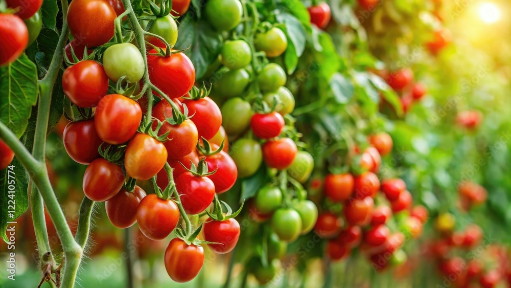 A sprawling tomato plant with vibrant green leaves and red ripe tomatoes hanging from the vine, tomato plant, vines, farm to table, harvest, nature A sprawling tomato plant with vibrant green leaves and red ripe tomatoes hanging from the vine, tomato plant, vines, farm to table, harvest, nature