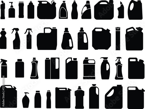 Plastic Bottles and Cans icon in flat set. Plastic Water Bottle symbols collection Cleaning and Hygiene detergent for laundry Products isolated on transparent background. vector for apps or web