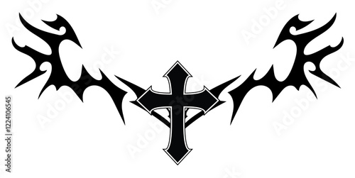 Christ cross with Neo tribal y2k gothic style tattoo Cyber sigilism spikes and sparks for streetwear print designs, spiky y2k aesthetic vector set