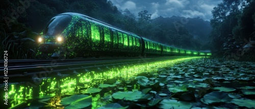Emerald Express: A futuristic high-speed train glides through a mystical, neon-lit forest, its glowing emerald lights reflecting in a serene body of water.