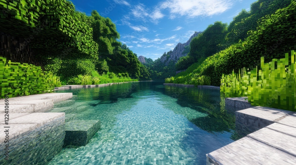 Fototapeta premium Tranquil River in Lush Green Landscape