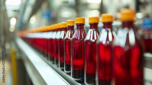 Wallpaper Mural Row of red bottles on production line. Beverage industry manufacturing process Torontodigital.ca