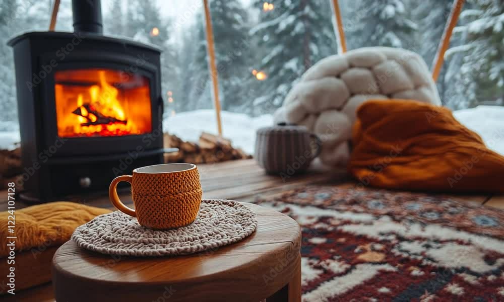 Cozy winter scene featuring a warm fire, a cup on a table, and an igloo in a snowy forest Cozy winter scene featuring a warm fire, a cup on a table, and an igloo in a snowy forest