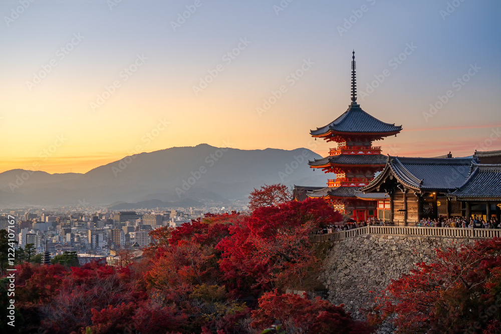 sunset at Kiyomizu Dera Pagoda Temple with red maple leaves or fall foliage in autumn season. Colorful trees, Kyoto, Japan sunset at Kiyomizu Dera Pagoda Temple with red maple leaves or fall foliage in autumn season. Colorful trees, Kyoto, Japan