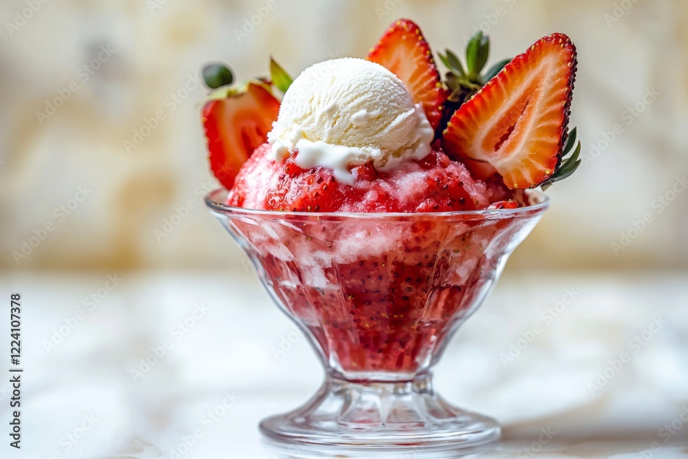 colorful serving of strawberry bingsoo in a clear glass, topped with fluffy shaved ice, vibrant strawberries, and a scoop of smooth ice cream, perfect for a summer treat colorful serving of strawberry bingsoo in a clear glass, topped with fluffy shaved ice, vibrant strawberries, and a scoop of smooth ice cream, perfect for a summer treat