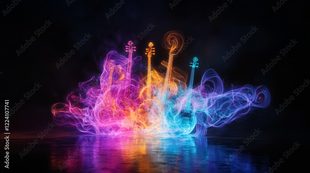 Colorful Vibrant Swirls Representing Musical Instruments in Abstract Art Colorful Vibrant Swirls Representing Musical Instruments in Abstract Art