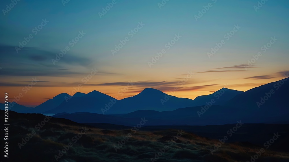 a bright splash of blue sky contrasting against the silhouettes of distant mountains at dawn. a bright splash of blue sky contrasting against the silhouettes of distant mountains at dawn.