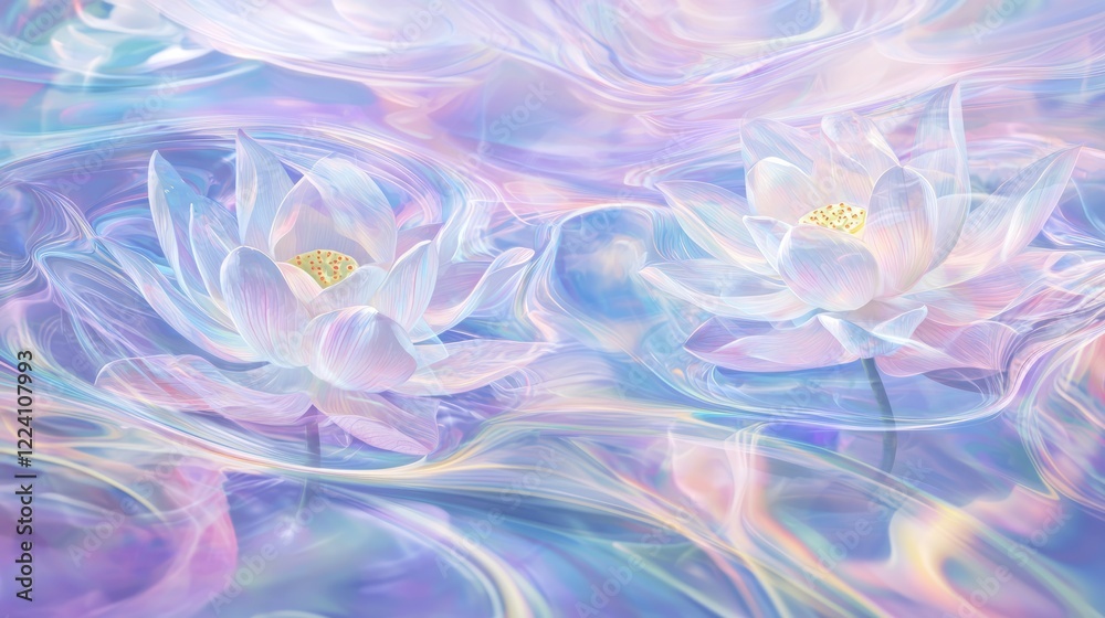 Fototapeta premium Blooming Lotus Flowers in a Crystal Clear Pond, Dreamy Aesthetic