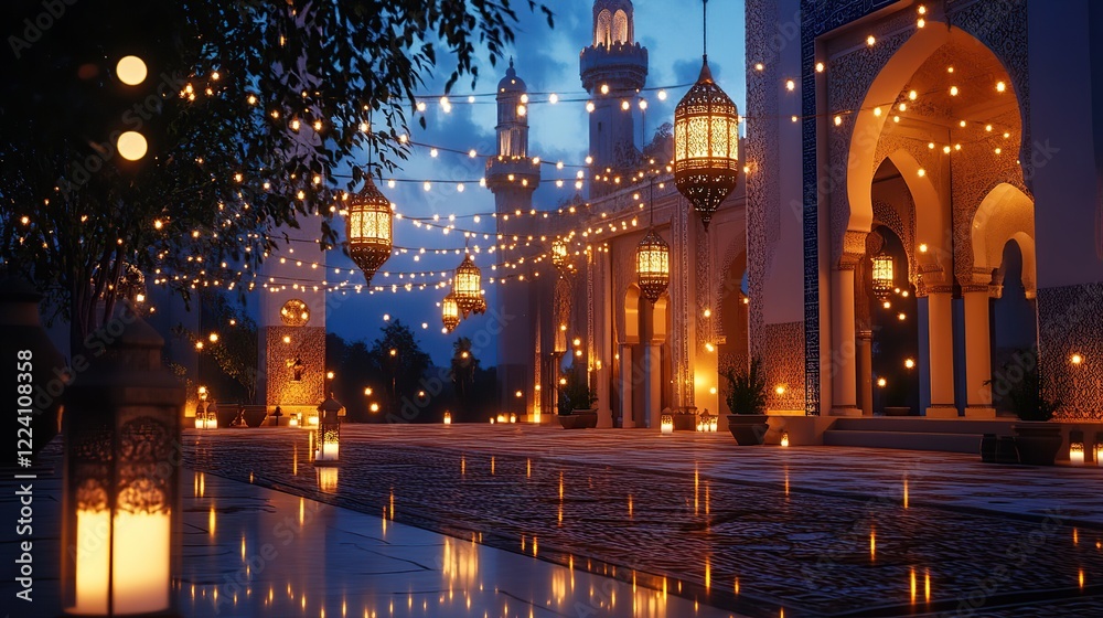 Fototapeta premium Nighttime Mosque Festival, Lanterns, Reflection, Celebration, Arabian