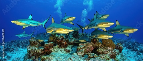Fototapeta Naklejka Na Ścianę i Meble -  A dynamic underwater tableau of sharks circling near a rocky outcrop, their sleek bodies gliding effortlessly. The dramatic light and shadows add intensity to the marine scene 