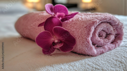 Pink towel with purple orchid on massage table. Spa and wellness treatment setting