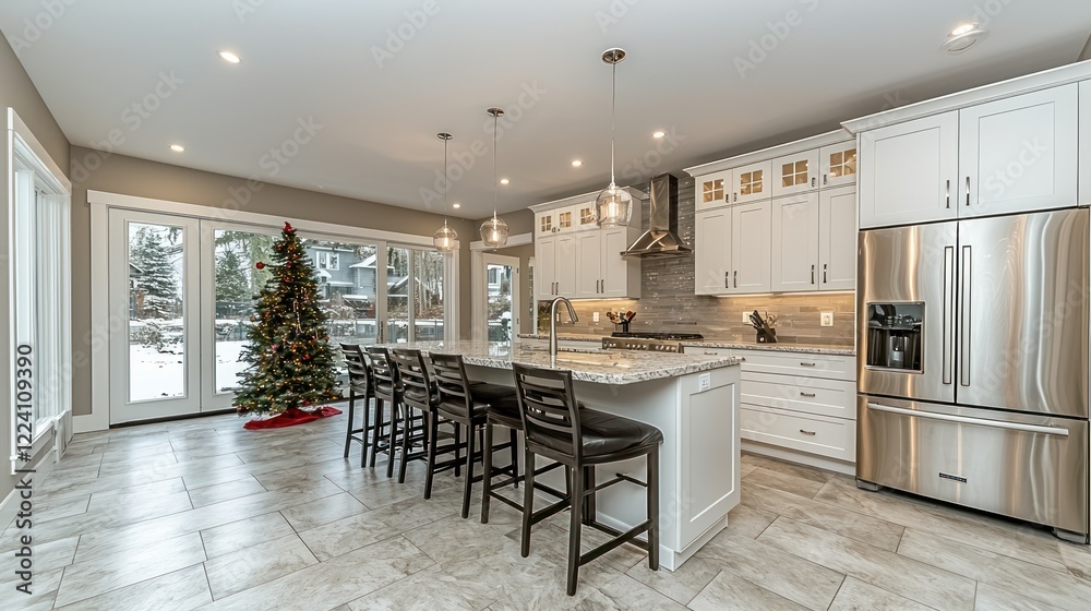 Fototapeta premium Modern Kitchen with Christmas Tree and Winter View