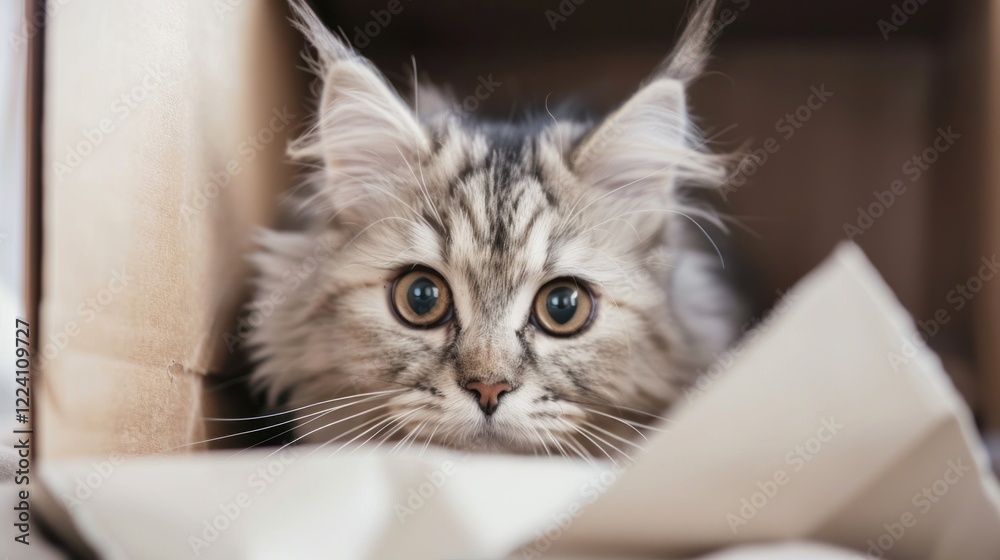 Fluffy kitten peeking from cardboard box indoors Fluffy kitten peeking from cardboard box indoors