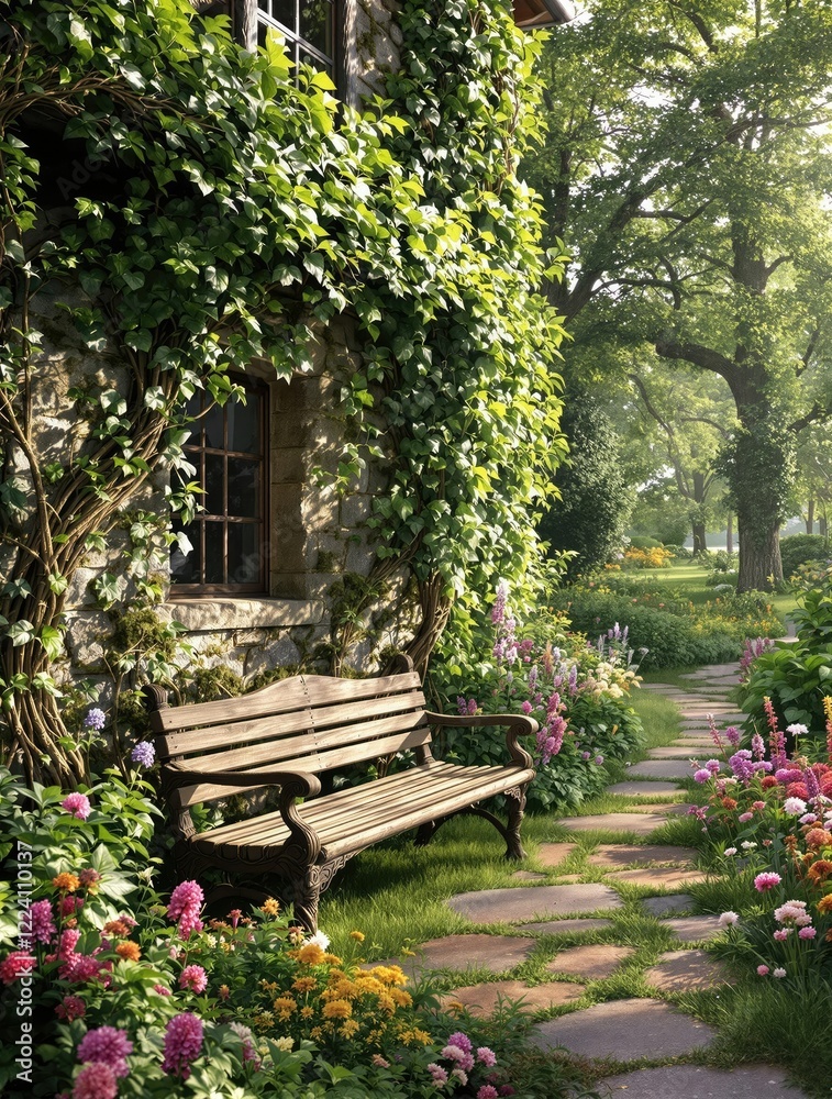 A tranquil scene of a wooden bench by the wall of a secluded cottage, quiet, relaxation, private, peaceful, escape A tranquil scene of a wooden bench by the wall of a secluded cottage, quiet, relaxation, private, peaceful, escape