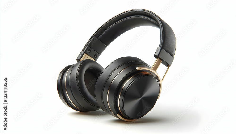 Gadget A side view of the black over-ear headphones with gold accents, showing the sleek headband and ear c4 Gadget A side view of the black over-ear headphones with gold accents, showing the sleek headband and ear c4