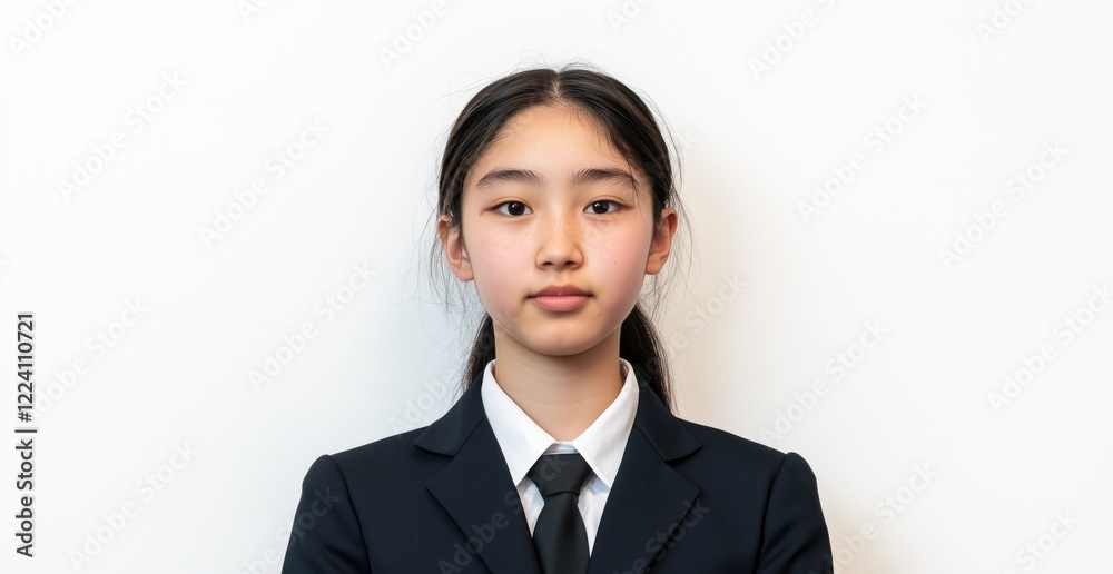 A school-aged child wearing school uniform. Kid. Youth. Youngster. Teenager. Asian female high school student. A Japanese preteen girl. Visa, id photo. Adolescent, puberty A school-aged child wearing school uniform. Kid. Youth. Youngster. Teenager. Asian female high school student. A Japanese preteen girl. Visa, id photo. Adolescent, puberty