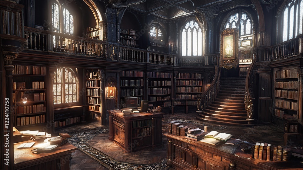 Fototapeta premium Grand library, sunlit, ornate, bookshelves, staircase, research