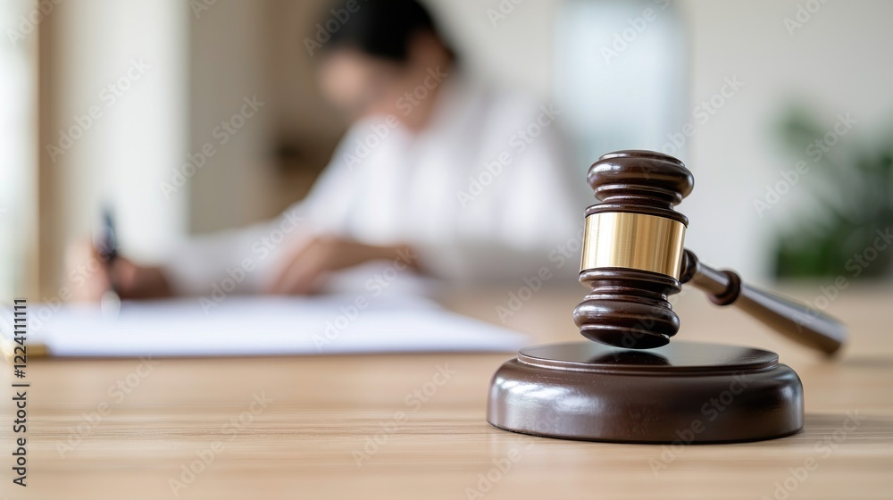 Judge's gavel on desk, lawyer signing documents, office background, legal proceedings concept Judge's gavel on desk, lawyer signing documents, office background, legal proceedings concept