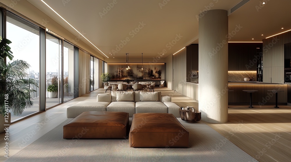 3D floor plan rendering of a luxury apartment, highlighting an open layout with modern finishes 3D floor plan rendering of a luxury apartment, highlighting an open layout with modern finishes