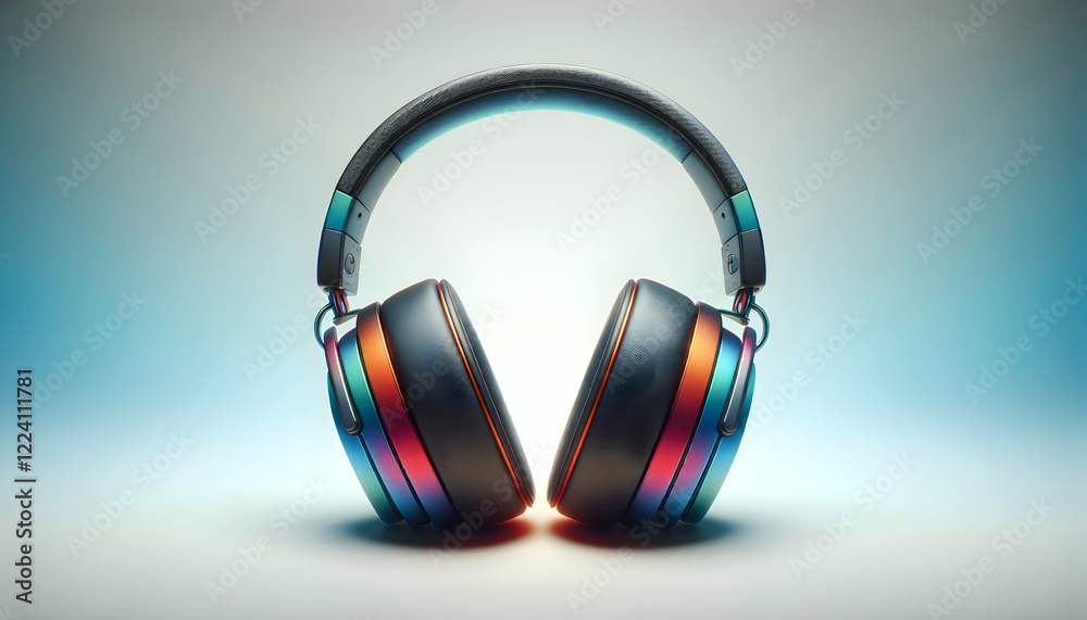 Gadget A full front view of a pair of over-ear headphones with a colorful gradient design, focusing on the 4 Gadget A full front view of a pair of over-ear headphones with a colorful gradient design, focusing on the 4