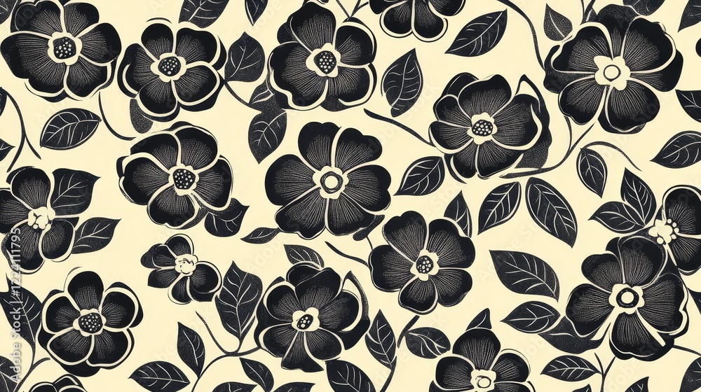 Fototapeta premium Elegant Black Flower Pattern on Soft Beige Background Design