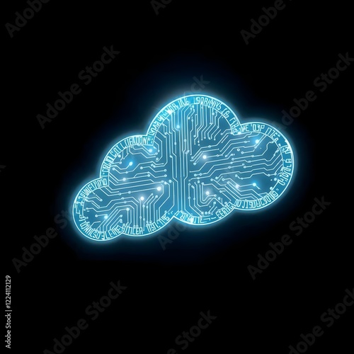 A glowing cloud with digital circuit lines flowing outward, surrounded by neon blue dots on black photo