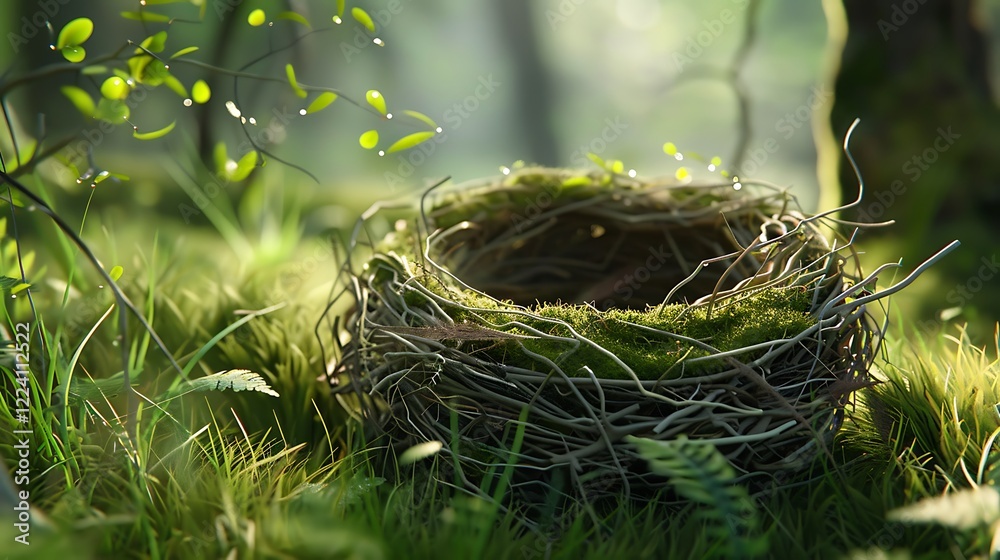 A cozy nest made of twigs and grass nestled in a lush green environment. A cozy nest made of twigs and grass nestled in a lush green environment.