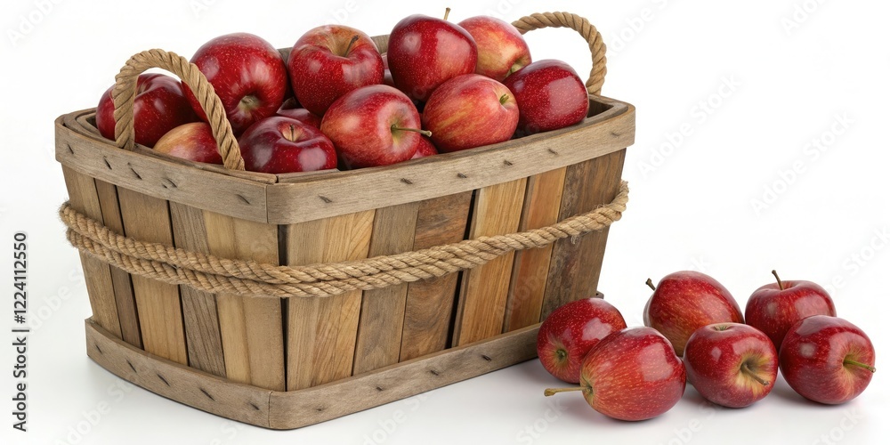 A wooden basket with a natural twine handle overflowing with fresh red apples, farm to table, seasonal produce, countryside A wooden basket with a natural twine handle overflowing with fresh red apples, farm to table, seasonal produce, countryside