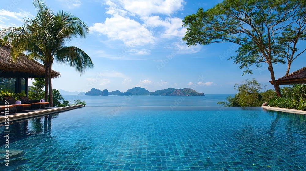 Fototapeta premium Luxury Swimming Pool in Opulent Hotel Resort Surrounded by Swaying Palm Trees and Set Against a Clear Blue Sky. Offers a Breathtaking Panoramic View of Sparkling Water, Creating an Idyllic Escape.