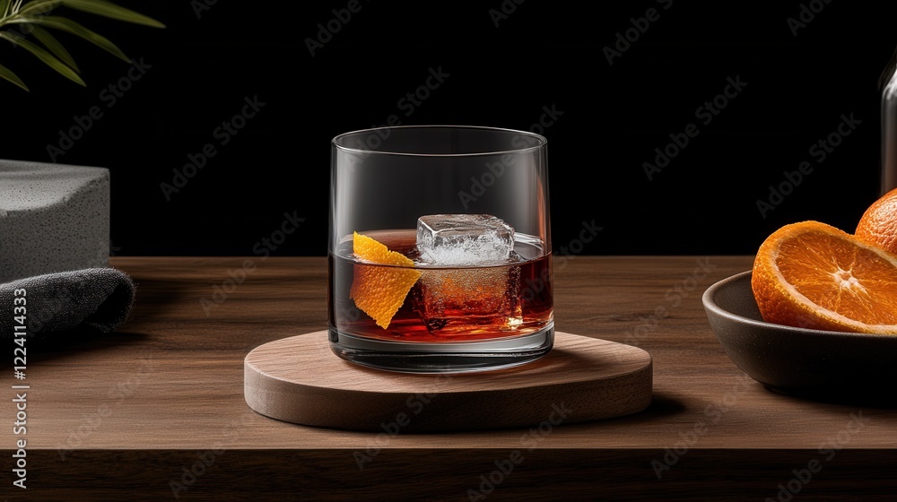 Stylish Glass of Cocktail with Ice and Orange Slice on Wooden Coaster with Dark Background Stylish Glass of Cocktail with Ice and Orange Slice on Wooden Coaster with Dark Background
