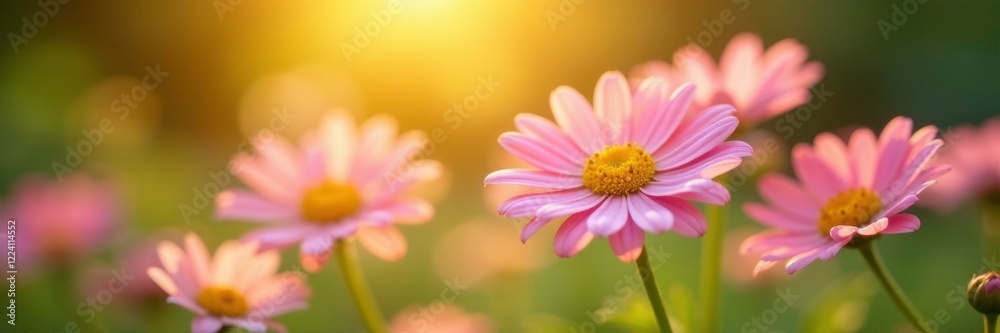 Soft yellow sun shines down on delicate pink daisies, their petals gently swaying in the breeze, flowers, garden, soft Soft yellow sun shines down on delicate pink daisies, their petals gently swaying in the breeze, flowers, garden, soft